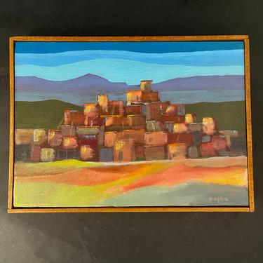 A Modern Abstract Framed Oil Painting  on Canvas Signed  Gaughan and Dated 1982 Adobe Village 