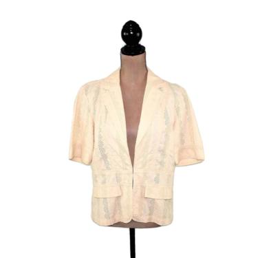 Beige Short Sleeve Jacket, Cotton Eyelet for Spring & Summer, Casual Clothes Women Large, 90s Y2K Vintage Clothing Coldwater Creek Size 12 