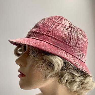 1970'S-80's Plaid Hat - Pink Tartan Plaid From England - Mod Bowl Shape with Tight Brim - Size Medium 