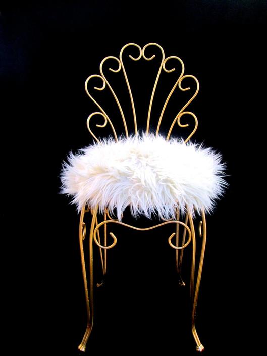 Vintage Hollywood Regency Gold Metal Faux Fur Vanity Chair