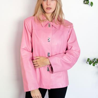 Vintage Bubblegum Pink Lambskin Leather Toggle Blazer 90s Y2K Minimal Trench Jacket 