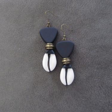 Cowrie shell earrings, black and bronze earrings, Afrocentric African tribal dangle earrings, spiral wire wrapped earrings, bold statement 