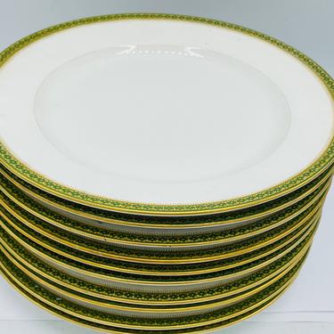 Limoges TV Tressemann and Vogt France Set of 10 Salad Luncheon Plates Green Gold Border  8 3/4" 