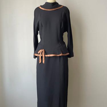 1950s Dress Black Rayon Peplum Noir M 