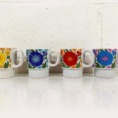 Vintage Rainbow Floral Mugs Flowers Pedestal Stacking Cups Ceramic Flower Coffee Mug Tea Mid Century Japan Colorful Retro Kawaii Cute 