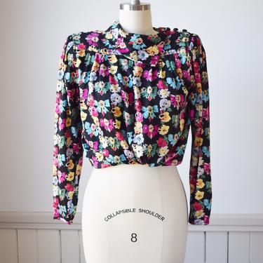 Vintage 1980s Silk Novelty Print Top by Ungaro | S/M | 80s Dark Photo Floral and Bow Print | with High Neck | Designer 