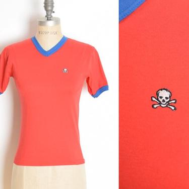 vintage 80s tee top red blue ringer SKULL embroidered t shirt baby tee XS S clothing 