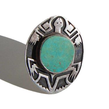 Vintage Hopi Turtle Ring Indian Sterling Silver Overlay & Turquoise Sz 8.25 