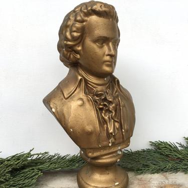 Vintage Chalk Ware Bust Of Mozart, Gold Tone Mozart Head Statue, Amadeus, Pianist, Classical Music Lover 
