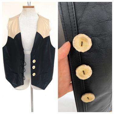 Vintage VTG 1970s 70s Black Beige Handmade Colorblock Leather Vest 