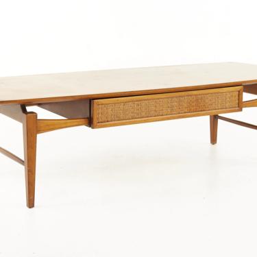 Lane Esteem Mid Century Walnut and Cane Front Inlaid Coffee Table - mcm 