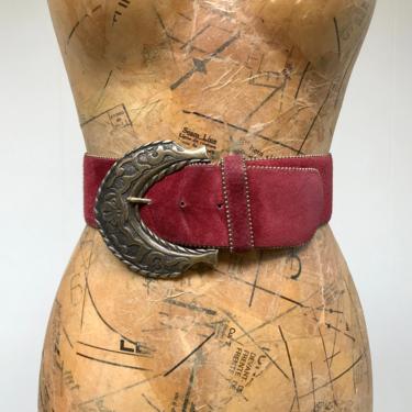 Vintage 1990s Wide Maroon Suede Belt, Steampunk Statement Belt with Large Molded Medieval Serpent Brass Buckle, Small 26 to 30 Inch Waist 