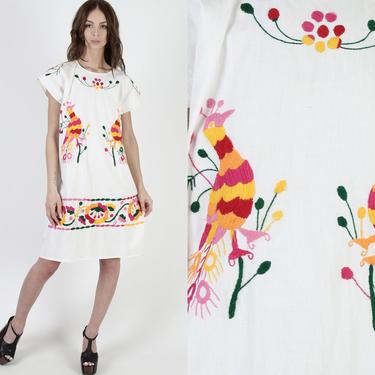 Made In Mexico Embroidered Birds Dress / White Cotton Mexican Dress / Vintage 70s Bright Floral Beachwear Vacation Shift Mini Dress 