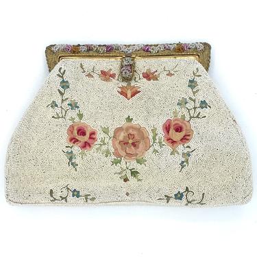 Vintage 1940s White Micro-Beaded Embroidered Evening Bag, Formal Purse Handmade in France, Tambour Point de Beauvais Floral Embroidery 