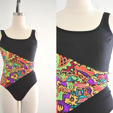 1990s Black Swimsuit with Bright Wrap Waist 