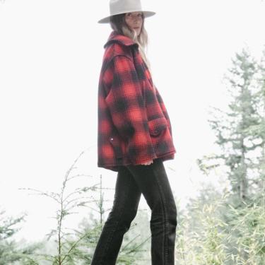 50's 60's Buffalo Plaid Wool Mackinaw Jacket | Red and Black Check Flannel Cruiser Jacket 