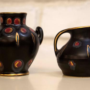 Pair of Small Vintage Gouda Ceramic Pots Vases Table Sculptures Gold 