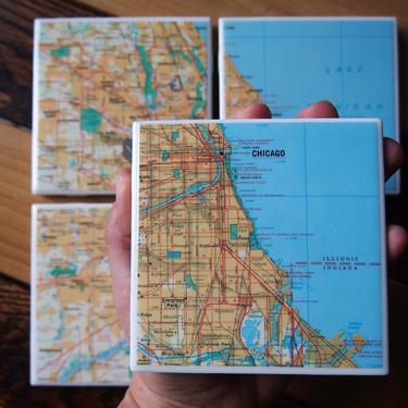 1979 Chicago Illinois Vintage Map Coaster Set of 4. Vintage Chicago Map. Lake Michigan. City map coasters. Midwest map. Chicago office gift. 
