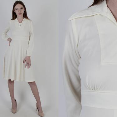 Vintage 70s Ivory Disco Secretary Dress Deep V Neck Dagger Collar Waist Tie Mini Dress 