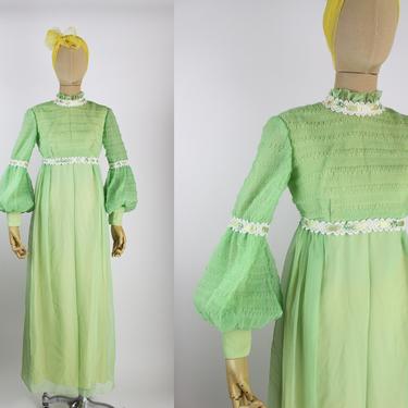 70s Green Balloon Sleeves Maxi Dress / Size XXS-XS 