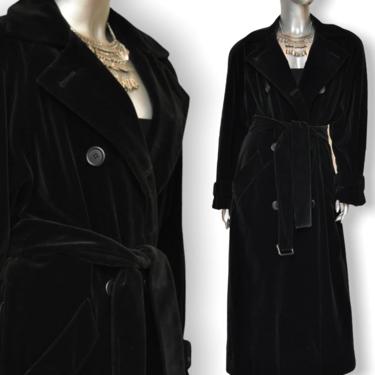 Vintage Calvin Klein Black Velvet Trench Coat Womens Double Breasted Long Dress Coat 