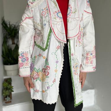 Folk Art Jacket Made From 1940s and Earlier Doilies and Lace Vintage Small Medium 