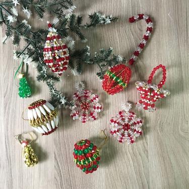 Beaded safety pin ornaments - 10 vintage 1980s Christmas gems 
