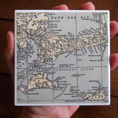 1931 Cape Cod Martha's Vineyard Nantucket Massachusetts Vintage Map Coaster - Ceramic Tile Coaster - Repurposed 1930s Hammond's Atlas 