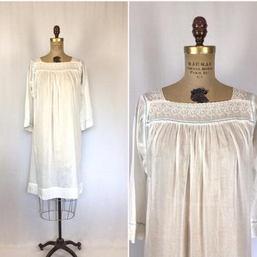 White Long Night Gown ANTIQUE With Linen Lace