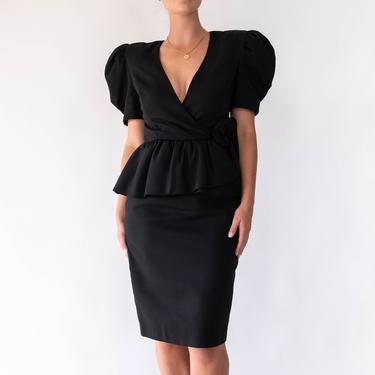 Vintage 80s Raul Blanco for Neiman Marcus Black Exaggerated Poof Sleeve Peplum Waist Dress | Broad Shoulder | 1980s Designer Evening Dress 