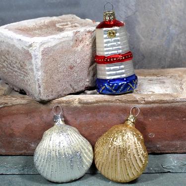 Set of 3 Seaside Themed Glass Christmas Ornaments for Your Christmas Tree! - Two Seashells and Czech Republic Lighthouse | FREE SHIPPING 