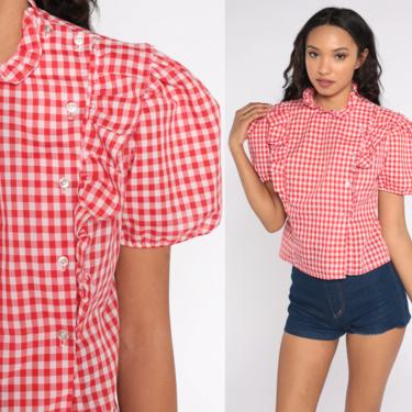 70s Gingham Puff Sleeve Blouse 1970s Plaid Checkered Shirt Red White Button Up Ruffle Collar High Neck Picnic Top Cottagecore Vintage Small 