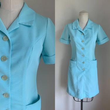 Vintage 1960s Blue Waitress Uniform Dress / S 
