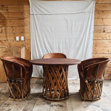 Mexican Equipale Dining Set, 1 table and 3 leather barrel chairs 