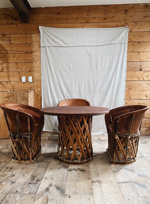 Mexican Equipale Dining Set 1 table and 3 leather barrel chairs Vintage Swoon New Bedford MA