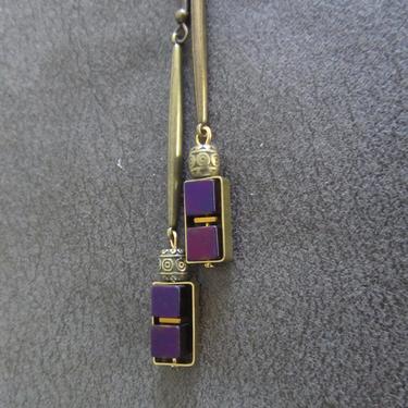 Long brass geometric earrings, brutalist earrings, mid century modern earrings bold statement, purple hematite, unique chic earrings 