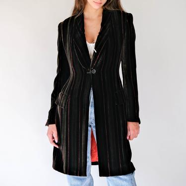Vintage 90s Richard Tyler Dark Brown Striped Velvet Shawl Neck Long Blazer w/ Red Silk Lining | Made in USA | 1990s Designer Couture Jacket 