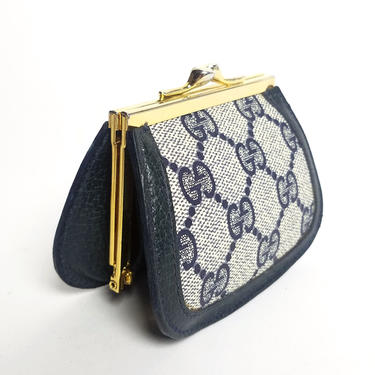 Gucci, Bags, Vintage Gucci Gg Kiss Lock Coin Purse Wallet Monogram Navy