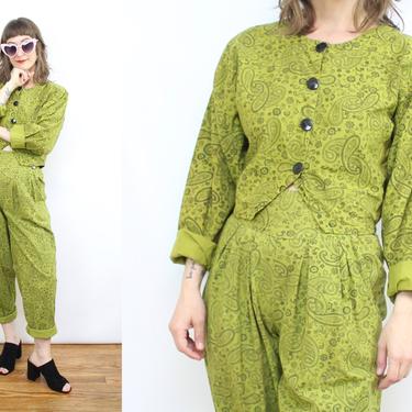 Vintage 90's Avocado Green Two Piece Set / 1990's Trouser and Blouse Set / Women's Size Small by Ru