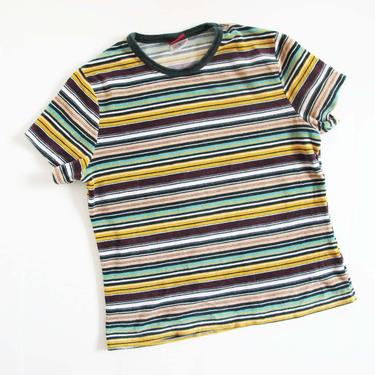 Vintage 90s Striped Shirt S M - Vintage Velvet 90s Shirt - Yellow Burgundy Green Crewneck Velvet Short Sleeve Blouse - 90s Clothing 