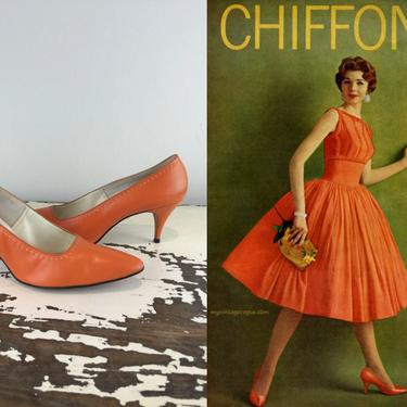Start Your Day Out Right - Vintage 1960s Fresh Squeezed Orange Leather Heels Pumps Shoes - 8 1/2A 