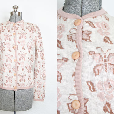1950's Butterfly Novelty Print Cardigan / Size Medium 