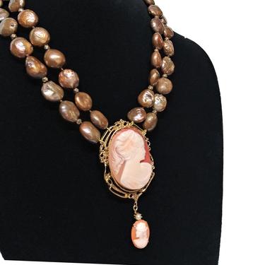 Vintage Cameo and Dyed Freshwater Pearl Necklace - 14k Gold Cameo Fine Vintage Costume Jewelry 