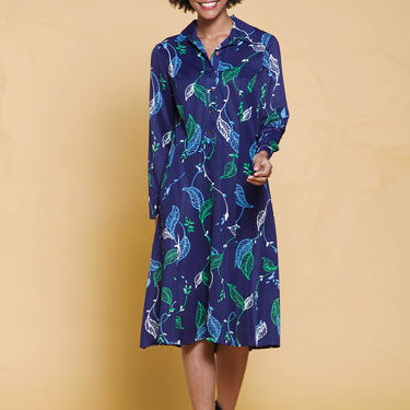 shirt dress leaf print long sleeves navy blue green vintage 70s MEDIUM LARGE M L 