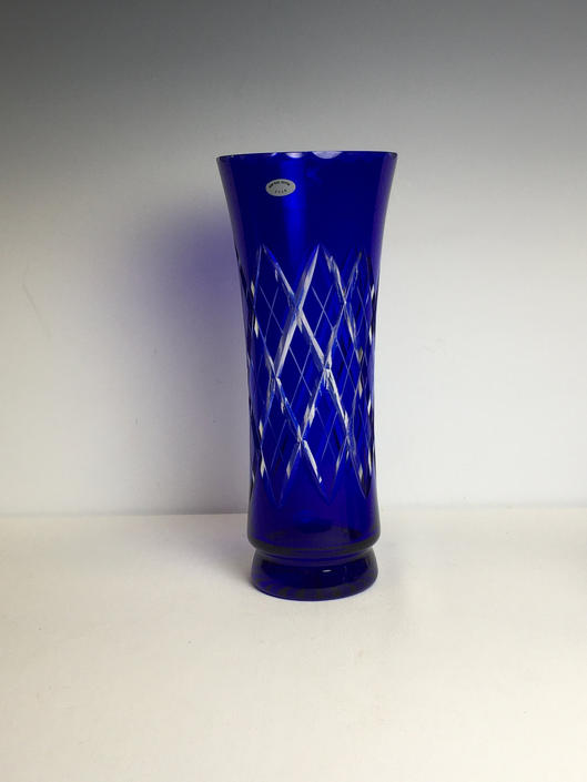 Vintage Cut To Clear Cobalt Blue Crystal Glass Vase Criss Cross Ussr