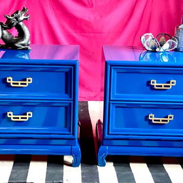 Lacquered Chinoiserie Nightstands In Patriot Blue 