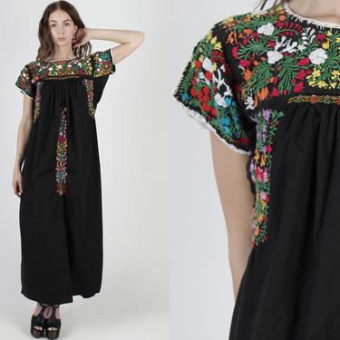 Traditional Black Oaxacan Cotton Embroidered Mexican Maxi Dress 