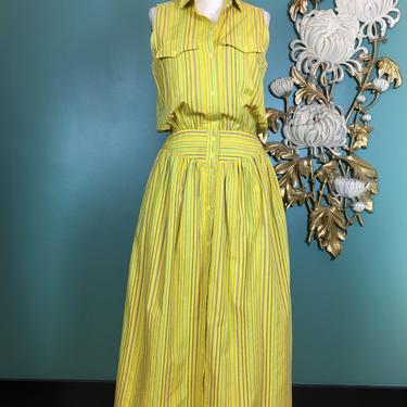 1980s blouson dress, vintage 80s dress, liz Claiborne, size medium, pin striped, yellow cotton dress, yoked waist, 28 waist, pockets, summer 