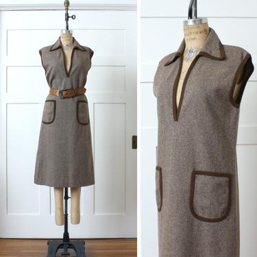 vintage 1970s wool jumper dress • brown tweed shift with oversized pockets & big collar 