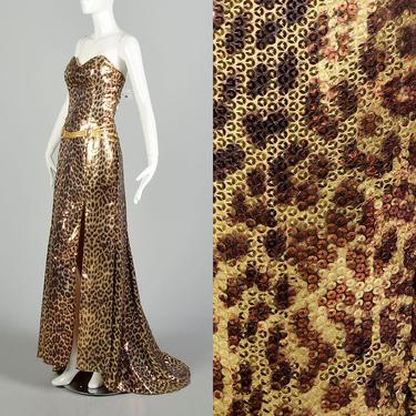 Medium 2000s Strapless Leopard Sequin Gown Puddle Train Evening Dress Goddess Formal 
